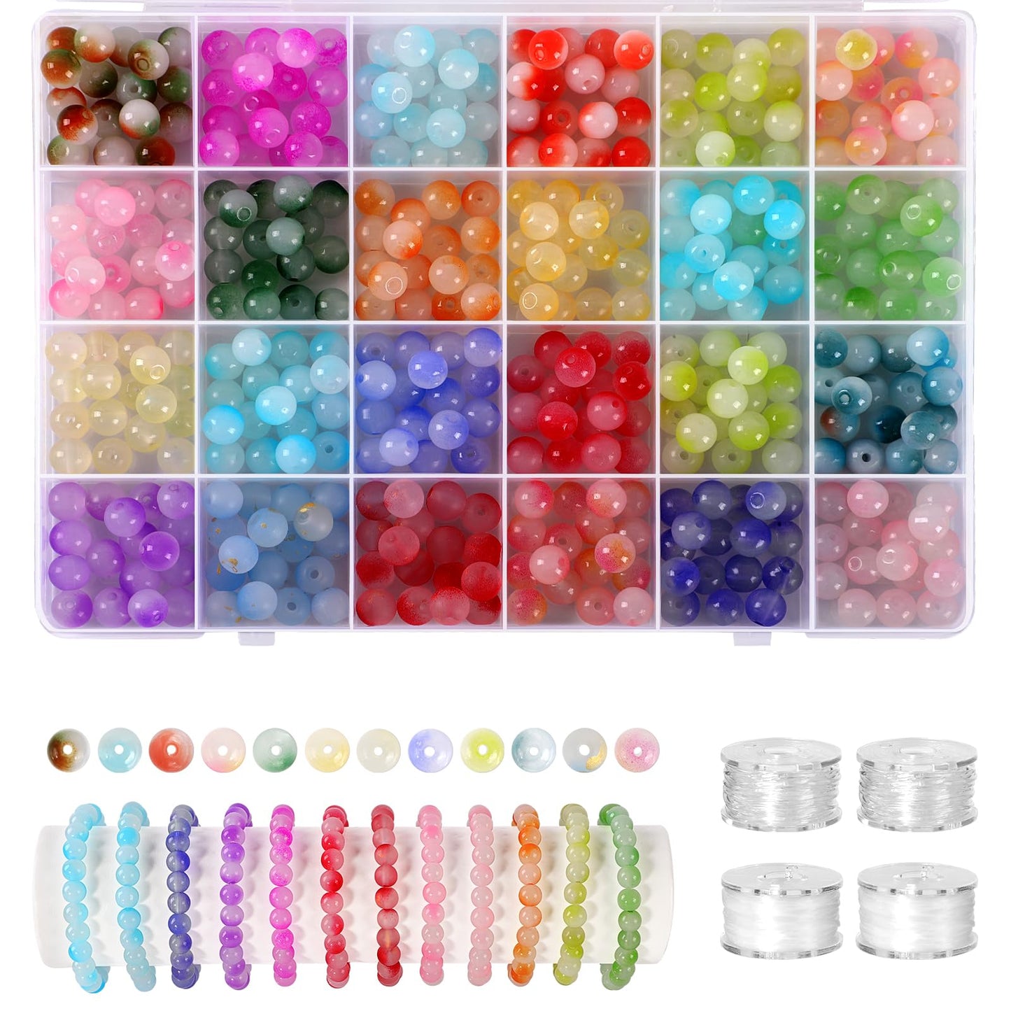 408 Pcs 8mm Glass Beads for Jewelry Making, 24 Colors Crystal Beads Bracelet Making Kit for DIY Crafts