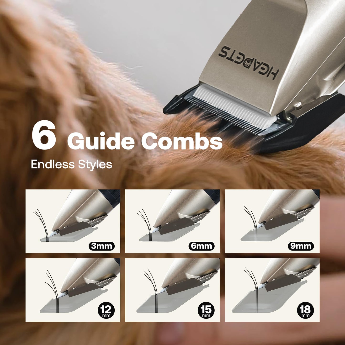 HEAPETS Dog Grooming Clippers, Low Noise, Electric Quiet, Adjustable Clipper Comb, Rechargeable Cordless Dog Hair Clippers for Dogs Cats Pets, Gold