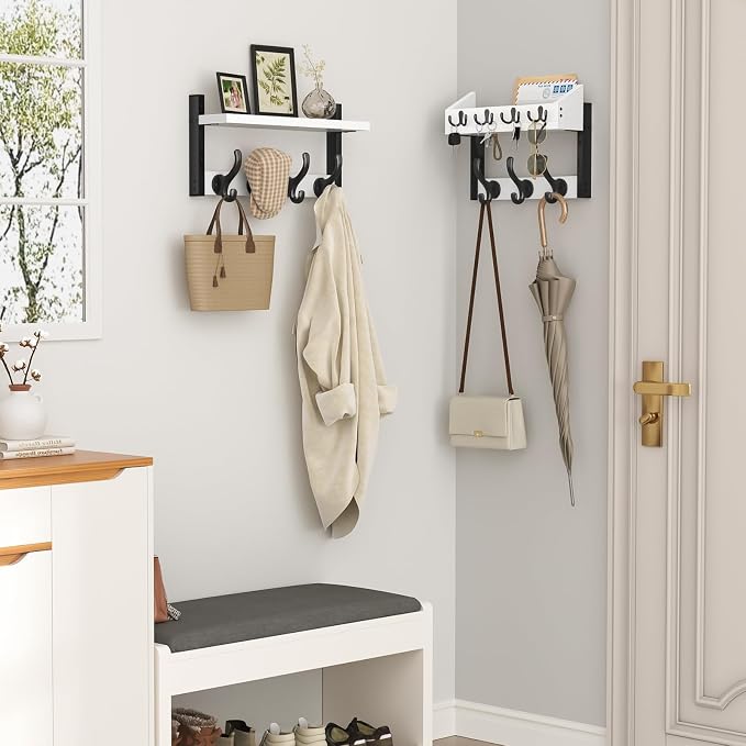 Evermagin 29" Coat Rack Wall Mount with Shelf, 4 in 1 Coat and Key Hanger with 11 Metal Hooks, Entryway Wall Mounted Shelf with Mail Holder for Living Room, Bedroom, White
