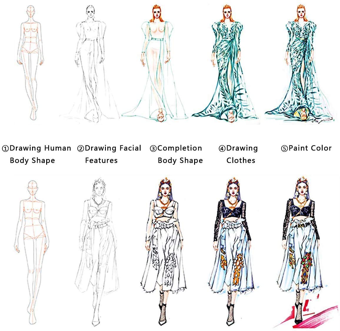 EXTCCT Fashion Drawing Template Ruler Set, Woman Sewing Humanoid Patterns Design, Clothing Measuring French Curve Rulers A4 Pattern Paper Draft Drawings