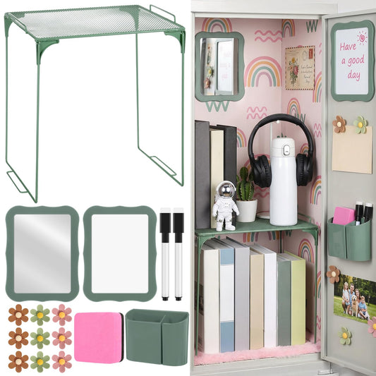Colarr 16 Pcs Dark Green Locker Accessories for Girls Includes Magnetic Whiteboard & Mirror Locker Shelf Pen Holder 2 Dry Erase Marker & Eraser 9 Flowers for Back to School Essentials Decoration