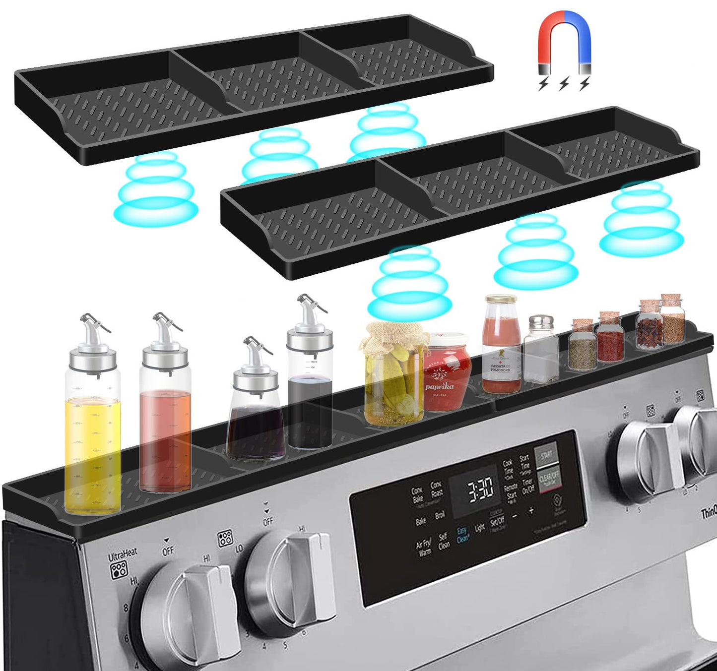 Hydream Stove Top for Silicone Shelf,30 Inch Magnetic Shelf Over the Stove Spice Rack,Kitchen Organizer Magnet Above Stovetop Back of Flat Storage Suctioned-Black
