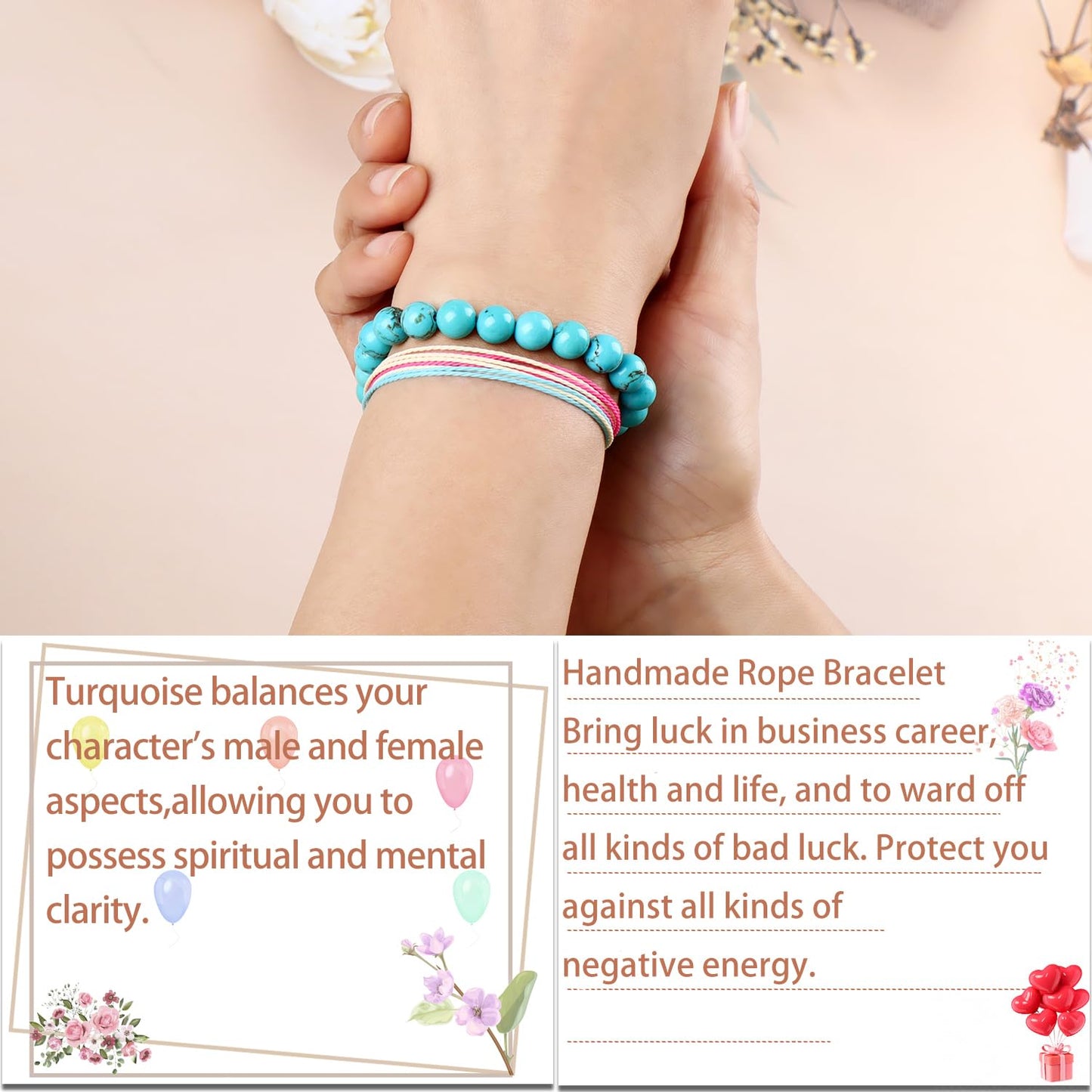 LPBeads 8mm Blue Turquoise Bracelet with Handmade Rope Bracelet Size Adjustable Stone Crystal Healing Bracelets Gifts for Unisex Adults