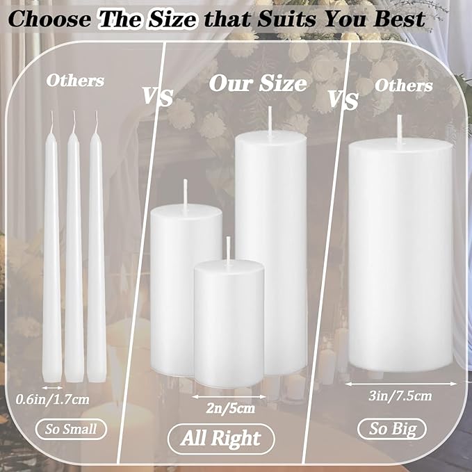 36 Pcs Ivory Pillar Candles Bulk Setï¼? Different Lengths 2 x 3/4/6 Inch (12 Each)，Hurricane Candles，Dripless Unscented Smokeless，Gives You a Better Atmosphere When Organizing an Event Party.