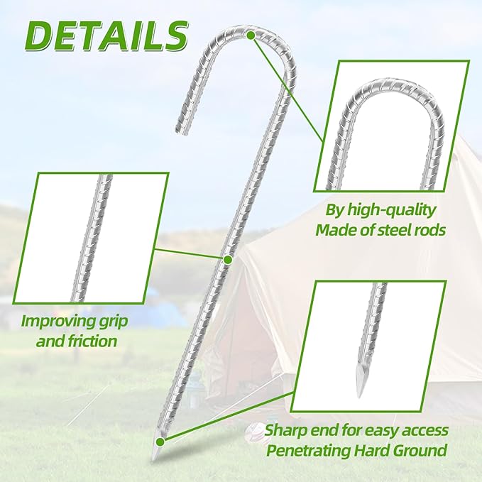 Rebar Stakes 16inx10mm Galvanized J Hook 4pcs – Heavy Duty Ground Tent Stakes for Fence,Bounce House,Outdoor Plants,Artificial Turf,Dog Coop,Metal Stakes for Christmas Decorations