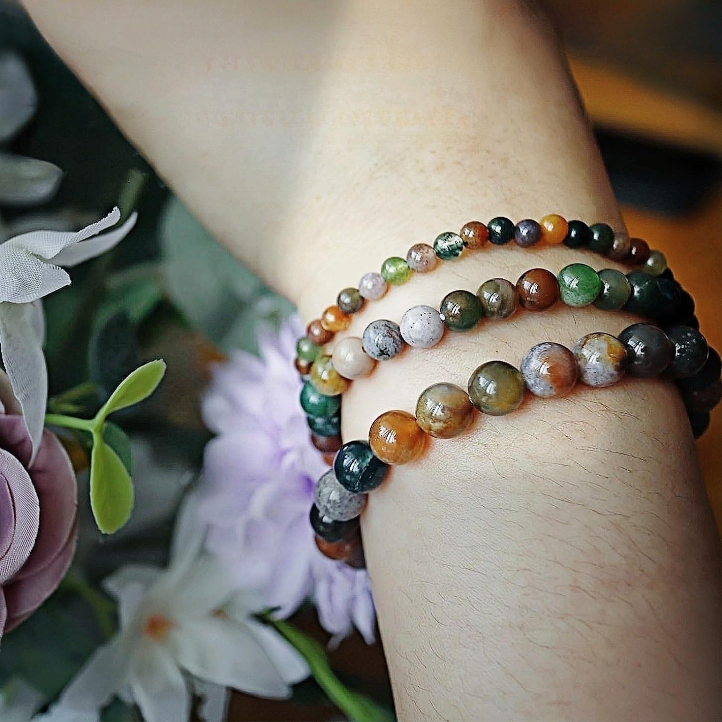 CINSKYING 3Pcs Healing Crystal Turquoise Bracelets for Women Men 8mm 6mm 4mm Natural Stone Beaded Stretch Bracelet Jewelry Gifts for Women Girl (T6-Indian Agate)
