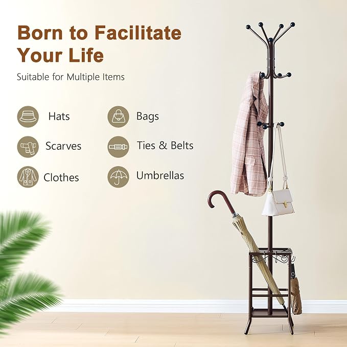 Hoctieon Coat Rack Freestanding, Coat Tree with Umbrella Holder, Metal Coat Rack Stand with 12 Hooks, Standing Coat Hanger Stand, Umbrella Stand for Entryway, Hat Rack Stand for Home Office, Brown
