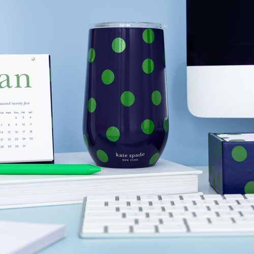 kate spade new york Insulated Stainless Steel Wine Tumbler, 16 Ounce Double Wall Tumbler, Blue Stemless Travel Cup with Lid, Sonnet Dot
