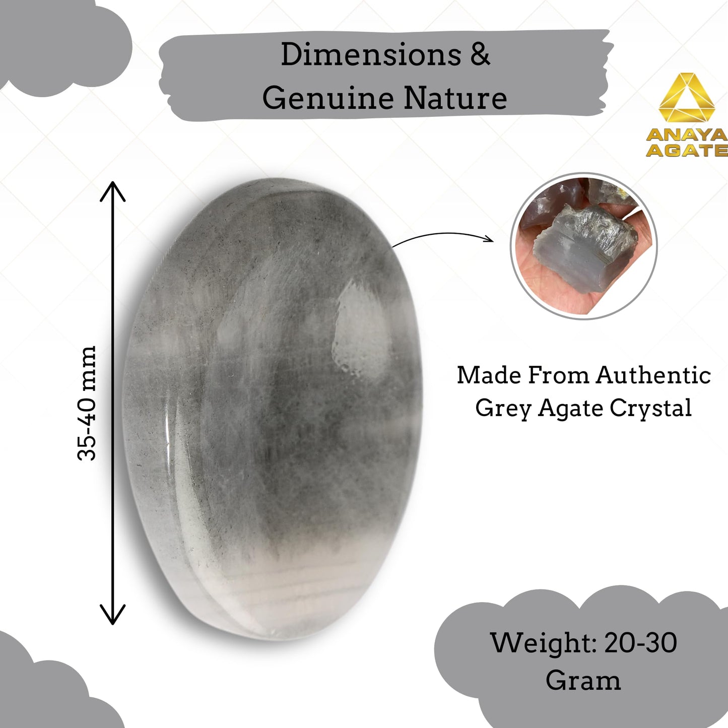 Anaya Agate Gray Agate Worry Stones Certified Crystal Thumb Worry Stone for Anguish, Relaxing and Soothing Balance Stones for Meditation, Stress Relief Crystals and Healing Stones for Men, Women