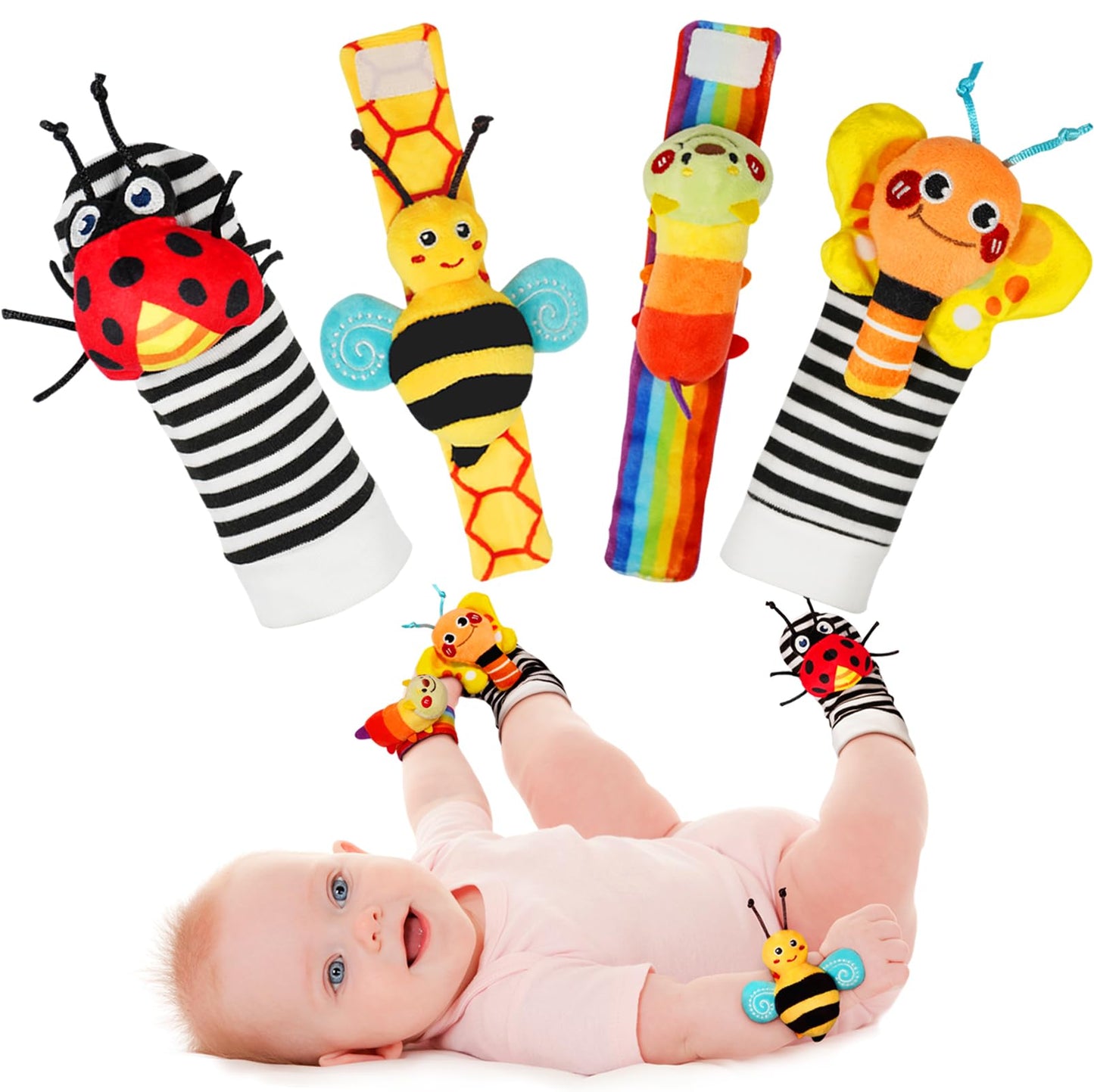 Infinno Baby Wrist Rattle Socks and Foot Finder Set, Perfect Baby Toys for 0-12 Months Newborn Boys and Girls As Shower Gifts, Garden Bug Series