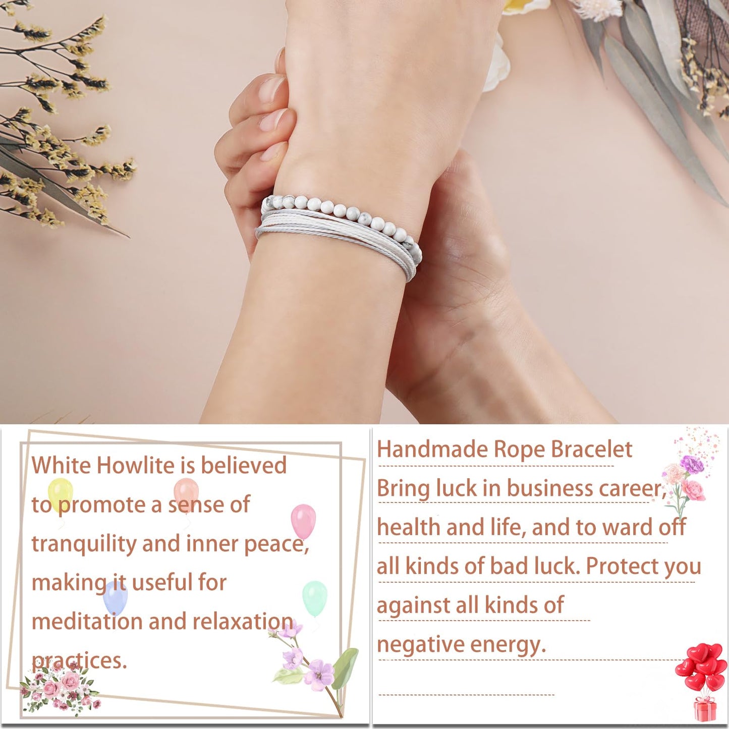 LPBeads 4mm White Howlite Bracelet with Handmade Rope Bracelet Size Adjustable Natural Stone Crystal Healing Bracelets Gifts for Unisex Adults