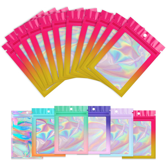 Funfery 100 Pack Gradient Holographic Bags,Mylar Resealable Bags with Zipper,Clear Window Packaging Pouchs,Smell Proof Foil Bag for Food Storage,Sample Jewelry Baggies(4×6In,Hot Pink Orange)