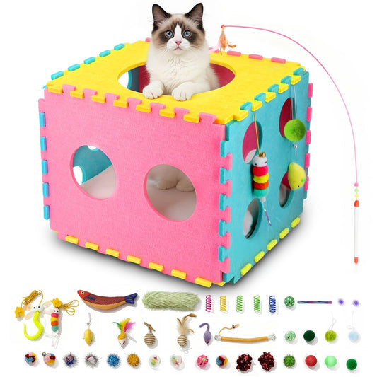 MOYMO 41 Pcs Interactive Cat Toys for Indoor Cats, Kitten Toys with Soft Pillow, Catnip Toys, Chew Rope, Feather Wand, Springs and Balls for Indoor Kittens