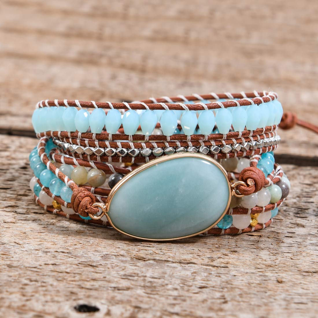 YGLINE Handmade Bohemian Natural Stones Bracelet - Leather Bracelet with Chakra and Beads Wrapped for Women