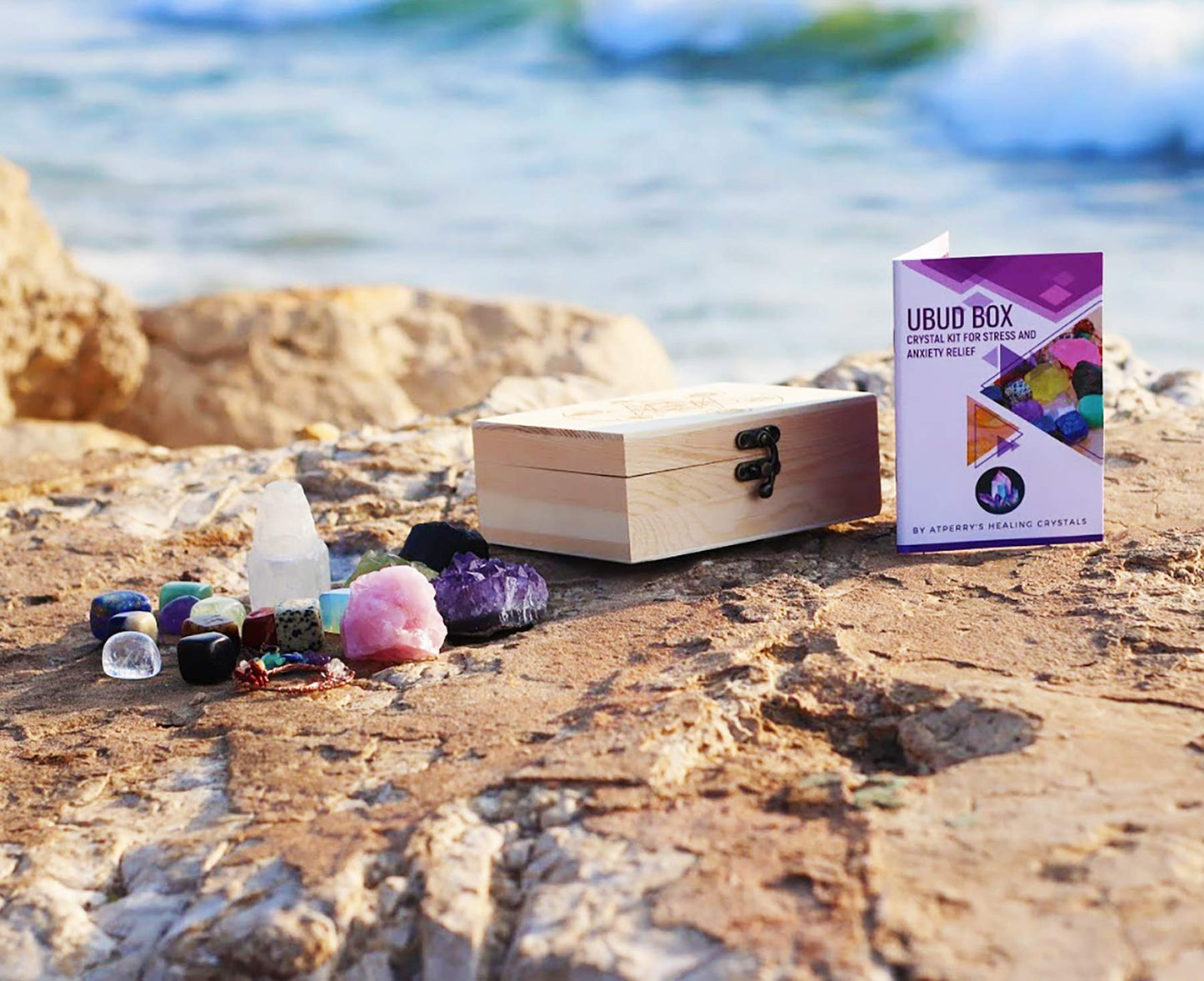 AtPerry's 16 LARGE Natural Healing Crystals Set in Wooden Box - Tumbled, Rough & Raw Crystals, Including Selenite Tower, Black Tourmaline, Amethyst, Rose Quartz, Lapiz Lazuli, Citrine & Tiger's Eye