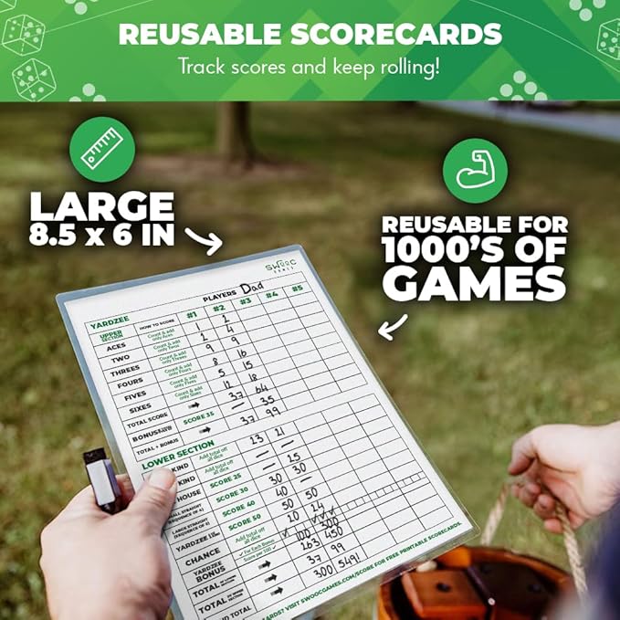 SWOOC Games - Yardzee, Farkle & 20+ Giant Dice Games (All Weather) with Wood Bucket, 5 Scorecards & Marker - Yard Dice Outdoor Game - Large Dice Jumbo - Giant Yard Games - Outside Games - Lawn Games
