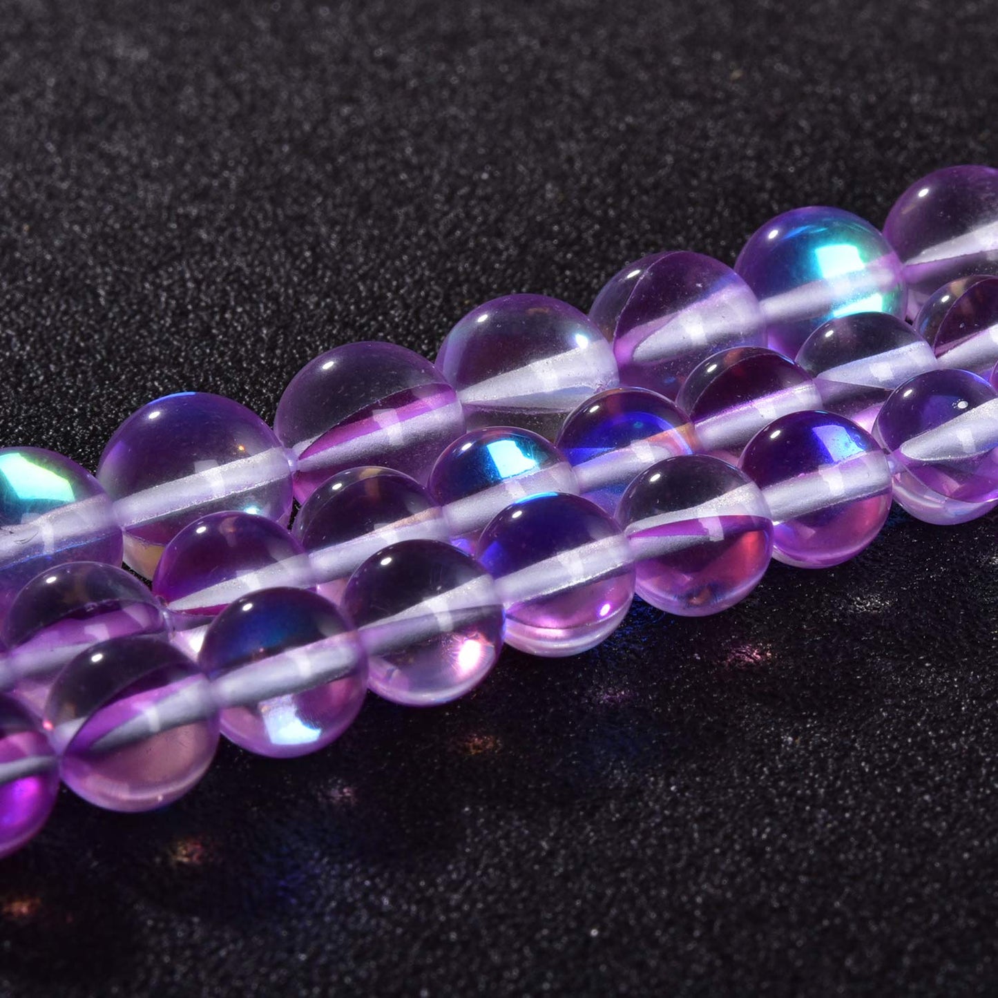 Asingeloo Purple Angel Aura Shining Round Gemstone Beads Polished Mermaid Aura Moonstone Quartz Beads for DIY Jewelry Making 1 Strand 15”(Purple,10mm)
