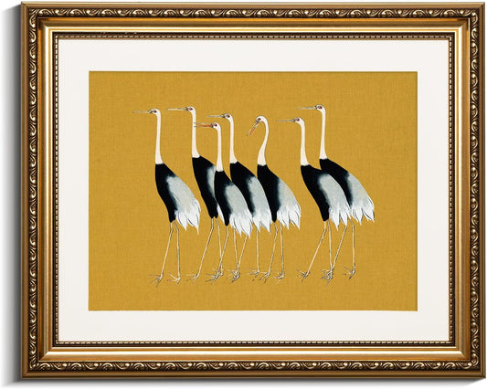 VIYYIEA Gold Framed Wall Art - Vintage Cranes Canvas Print for Home Decor | 13x16in Bathroom & Living Room
