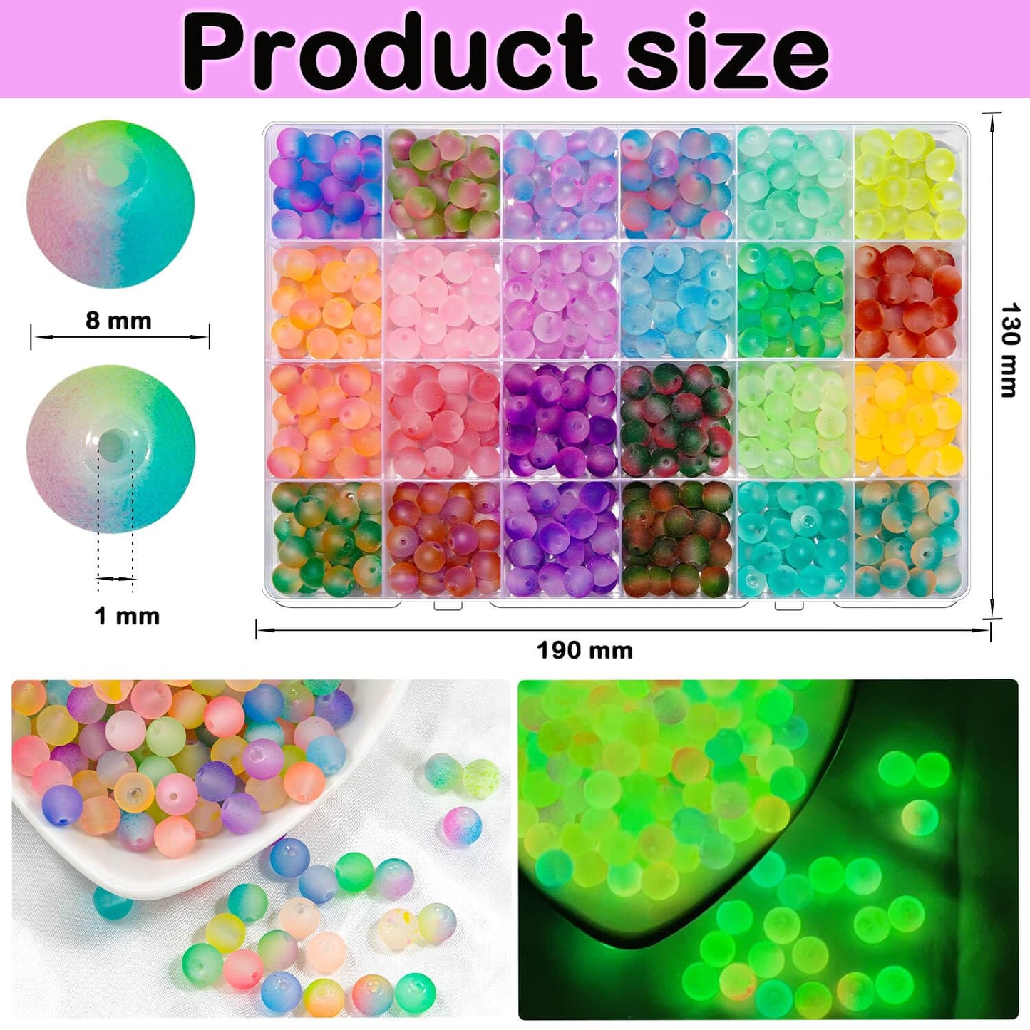 JHYlilia Glow in The Dark Glass Beads for Jewelry Making, 600Pcs 8MM 24 Grids Crystal Gemstone Beads Round Spacer DIY Craft Beads for Bracelet Necklace Earrings Phone Lanyard Wedding Decor