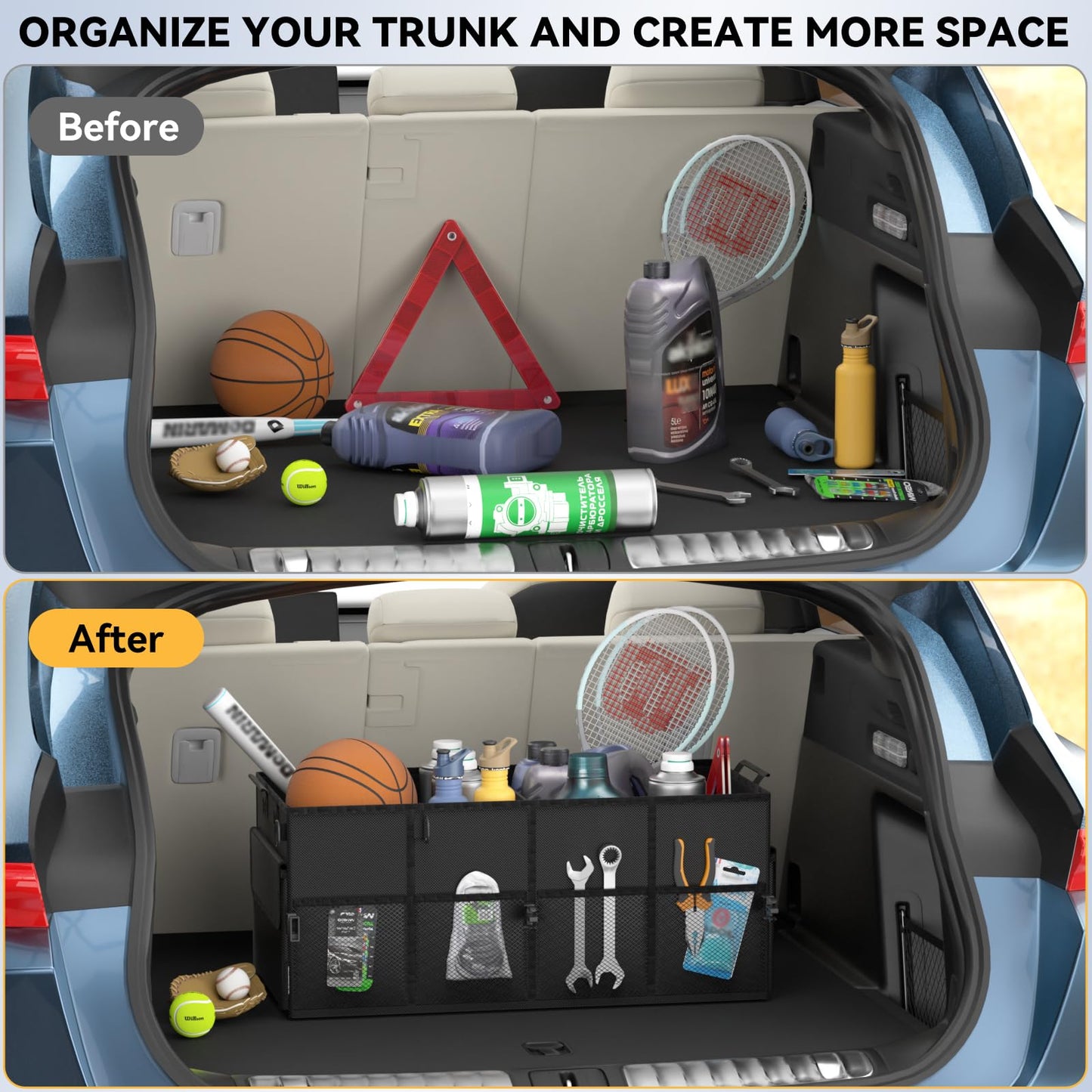 Car Trunk Organizer for SUV 60L Backseat Car Organizer Back Seat Large Storage Trunk Compartment Collapsible Car Caddy Heavy Duty Truck Storage Bin w/6 Pockets Adjustable Straps Cargo Van Jeep Sedan