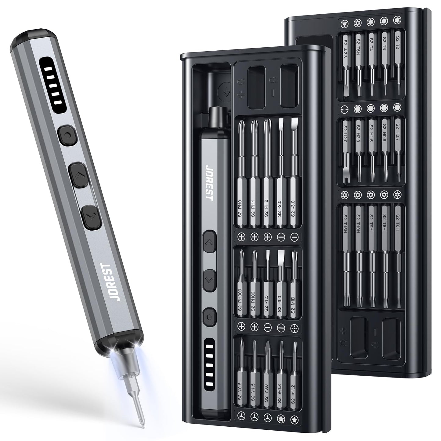 JOREST Mini Electric Screwdriver,Cordless Precision Screwdriver set with 38-in-1 Magnetic Bits, 5 Torque Settings, Repair Tool for iPhones, Laptop, Drone, Game Console, Camera;Birthday Gift for Father