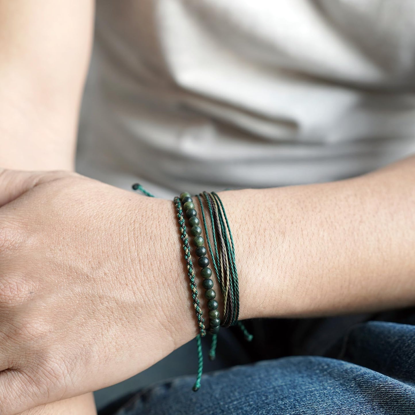 Handmade Natural Stone Beaded Healing Bracelet Gift for Men Adjustable Rope String Bracelet (Southern jade（Ink）, Adjustable)