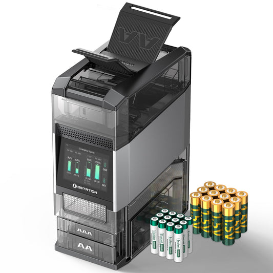 Ostation 2 Pro AA AAA Battery Charger Charging Station with 12 AA Li-ion & 12 AAA NiMH, Touchscreen & App, 3-in-1 Polarity-Free Charger Organizer for NiMH & Li-ion, Auto-Detect & Sort, Holds 24 Cells