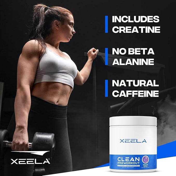 XEELA Pre Workout Powder - Clean & Tested - Jitter Free, Safe, and Natural - Increase Thermogenic Energy, Focus, and Endurance w/Creatine, Organic Caffeine, and Plant Based Citrulline (Grape Soda)
