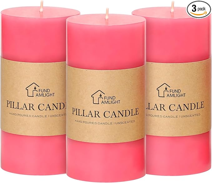 3x6 Inch Pink Pillar Candles Set of 3 - Decorative Unscented Pillar Candle, Long Burning Dripless Candle for Table Decor, Smokeless Large Pillar Candles for Wedding Table Decor