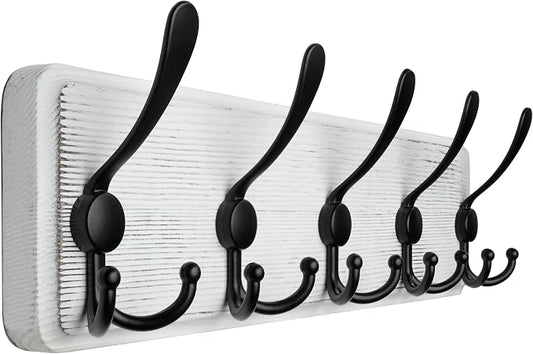WEBI Coat Rack Wall Mount,Coat Hooks Wall Mounted,16" Hole to Hole,Coat Hanger Wall,Wood Hook Rack Rail,5 Triple Hooks for Hanging Coats,Jacket,Clothes,Farmhouse,Black/White