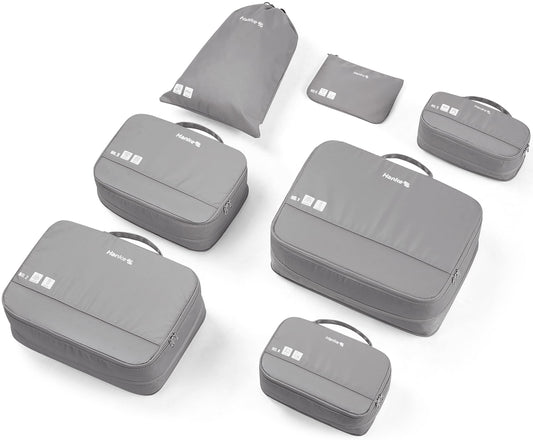 Hanke 7 Set Compression Packing Cubes for Travel, Expandable Large Packing Cubes for Suitcases and Backpack, Luggage Packing Organizer Bags with Double Zipper as Travel Essentials,Light Grey