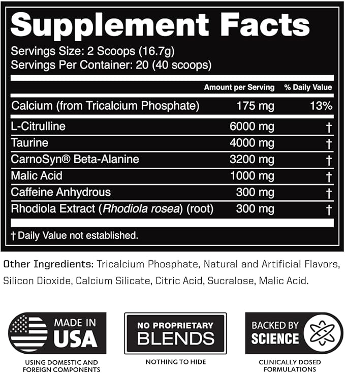 Outwork Nutrition Pre Workout Powder for Men & Women - Pre-Workout Supplements Without Creatine, Nootropic Preworkout with Citrulline Malate Beta Alanine Taurine Rhodiola Caffeine (Blue Raspberry)