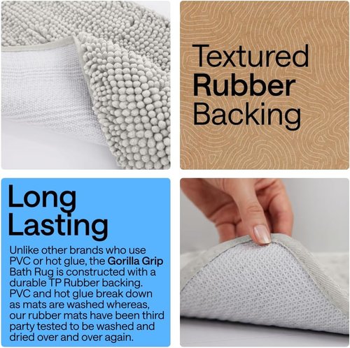 GORILLA GRIP Bath Rug Mat - Soft Absorbent Chenille | Quick Dry Microfiber, 48x24, Light Gray