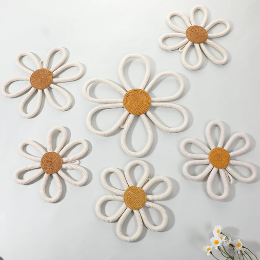 Oqqlin 6 Pcs Boho Wall Decor, Woven Flowers Daisy Decor 3 Sizes Cotton Rope Macrame Floral Wall Hanging for Nursery, Bedroom, Bohemian Decorations (Beige)