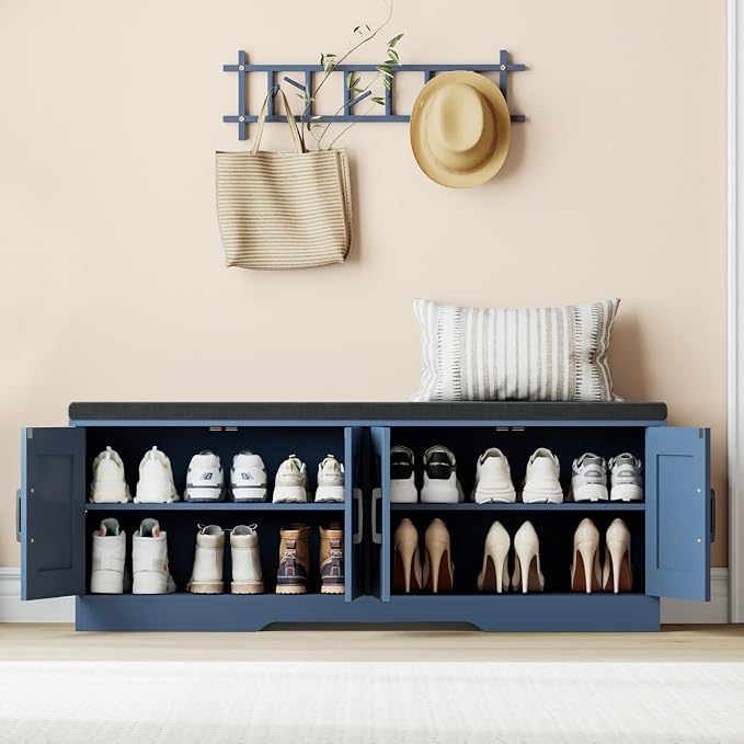 HOMSHO 2-Tier Storage Bench, 47.2" Wide Shoe Bench with Padded Seat Cushion, Entryway Bench with 4 Barn Doors and Adjustable Shelf, Blue