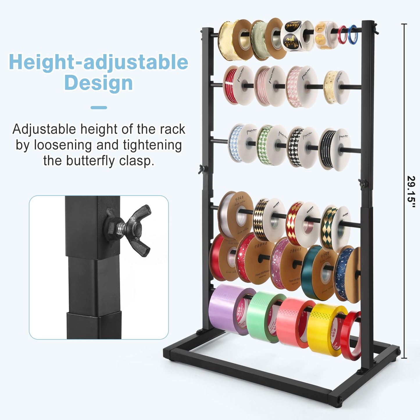 Aulin 6 Tier Large Capacity Ribbon Storage Organizer Rack - Metal Ribbon Spool Holder for Craft Ribbon Washi Tape Arts & Crafts Supplies, Ribbon Rack for Craft Room, Florist Arts Wrapping (Black)