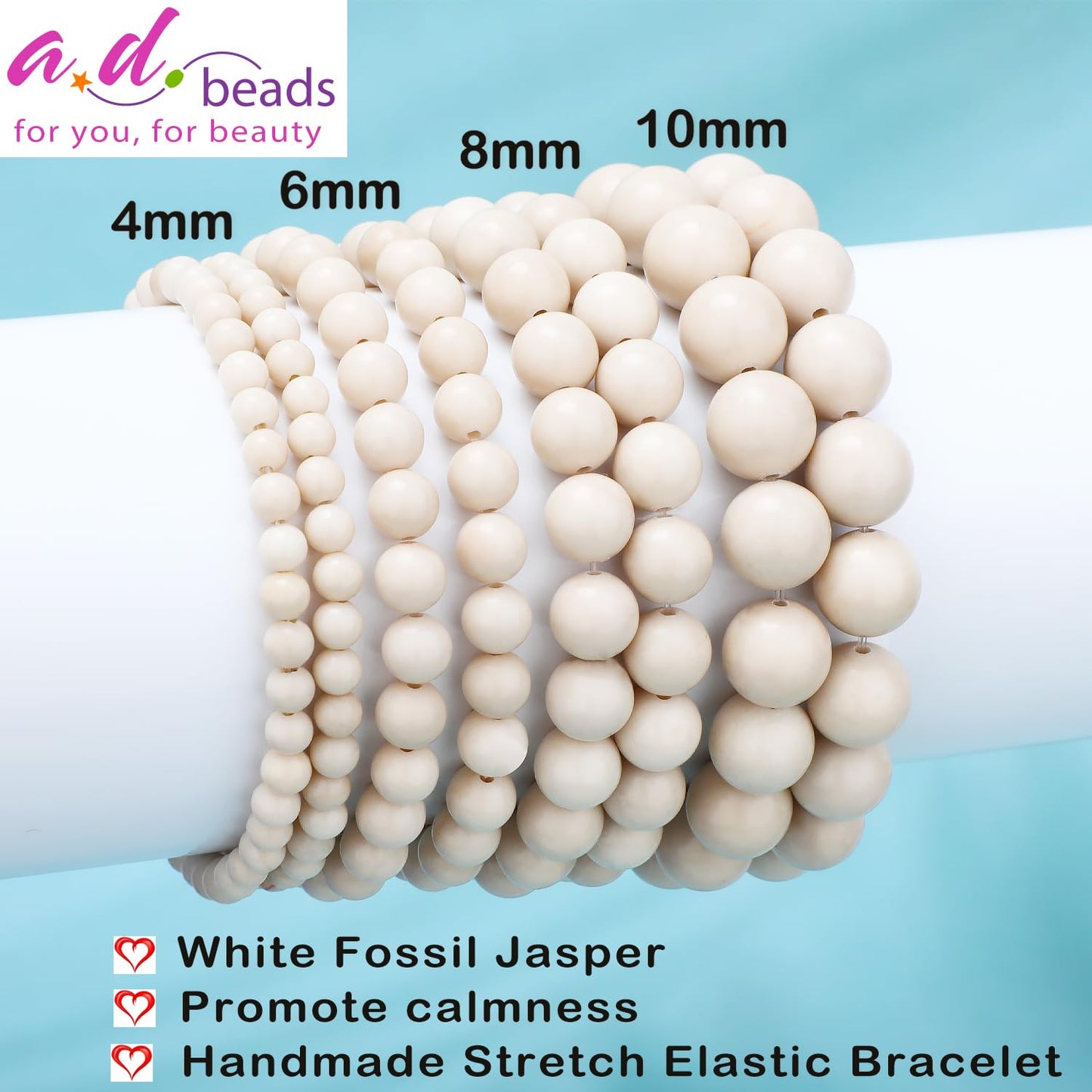 AD Beads 10mm Handmade White Fossil Jasper Elastic Bracelet – Natural Gemstone for Promote calmness – Meditation, Yoga, Healing and Energy Gift for Men Women