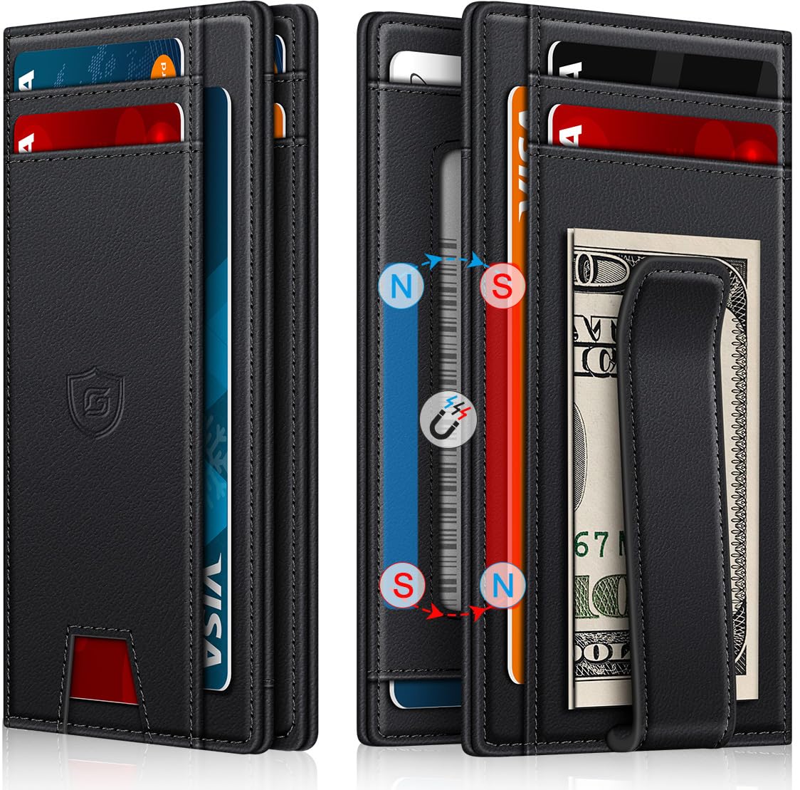 Wallet for Men 14-16 Cards, Minimalist Men Leather Wallet, Men's Front Pocket Bifold Wallets with Money Clip, Slim Thin Card Holder RFID Blocking Bill Folder & Magnetic Closure, Gifts for Men, Black