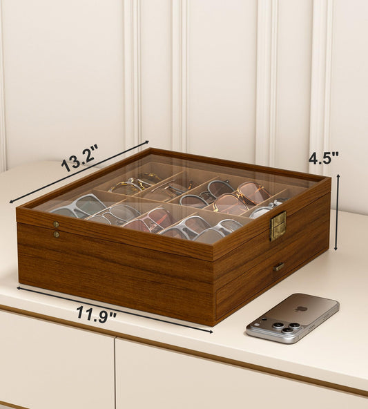 NEWLOOP Sunglasses Case Storage Organizer - Sunglass Organizer See-through Display Case Multiple Pairs Glasses Holder Stand 2-layer Eyeglass Jewelry Watch Collection Box for Men Wooden