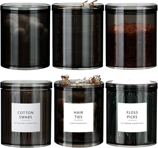 SheeChung Qtip Holder & Black Apothecary Jars Set - 6-Pack Bathroom Storage for Cotton Swabs & Makeup Sponges