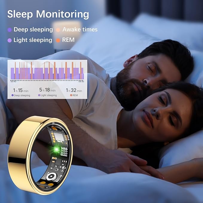 Smart Health Ring for Women Men, Fitness Tracker Ring with Heart Rate, Blood Oxygen, Sleep Tracker, Step Tracker, No Subscription Fee, IP68 Waterproof Smart Ring for iPhone & Android (Gold, 14#)