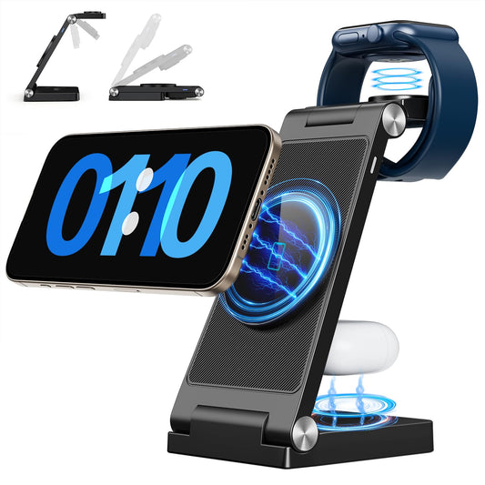 2026 Traveling Wireless Mag-Safe Fast Charging Station,Magnetic 3 in 1 Charger with Light for iPhone 17 16 15 14 13 12 Pro Max Plus,Apple Watch Series & Air pods 4 3 2 Pro-Gifts for Wife & Husband