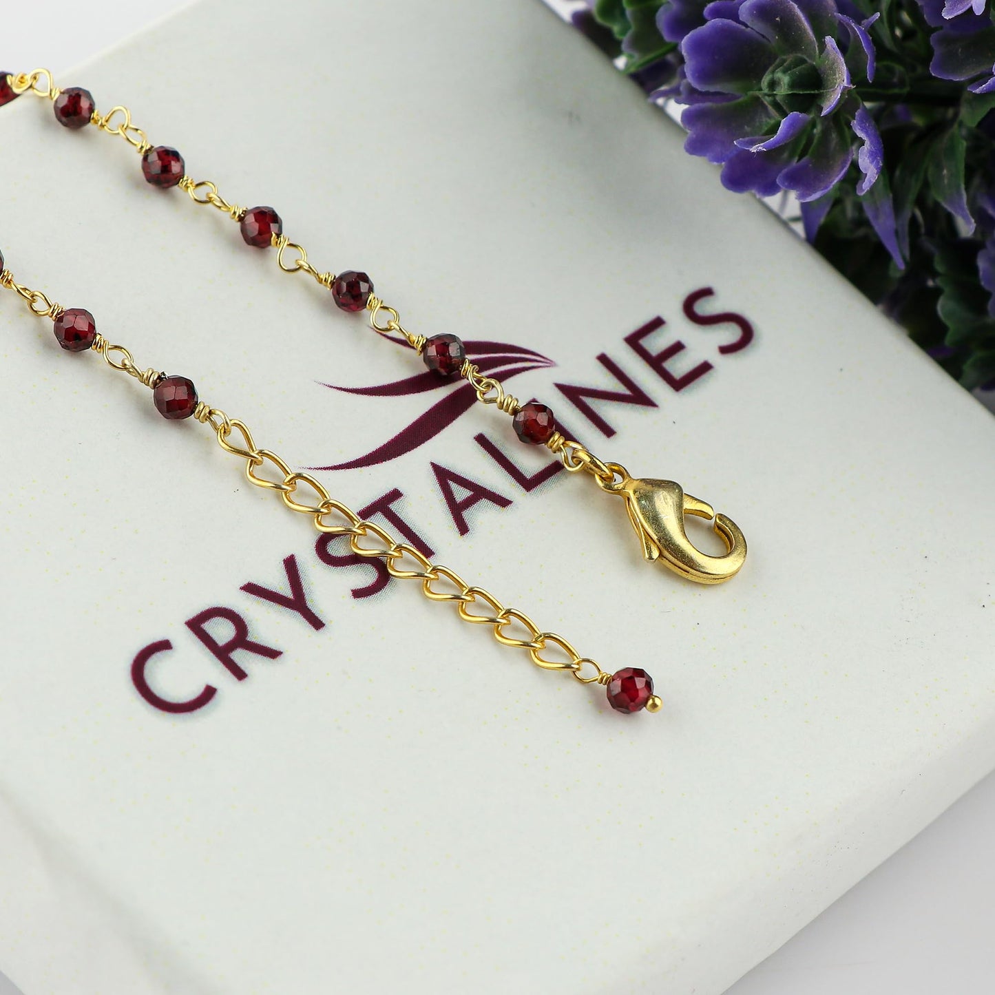 CRYSTALINES Natural Garnet Gemstones Bracelet Handmade Hypoallergenic Gold Plated Jewelry for Women Healing Crystals Microfaceted Beads Rosary Chain Boho January Birthstone Bracelet, 7+1inch