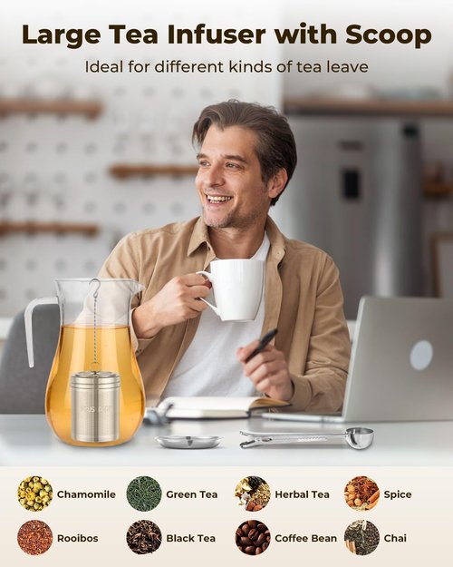 House Again Large Tea Infuser with Scoop, Extra Fine Mesh Tea Strainers for Loose Tea & Spice Infuser for Cooking, 304 Stainless Steel, Loose Leaf Tea Steeper for Brew Tea Spices & Seasonings