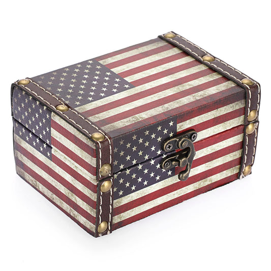 Hipiwe American Flag Treasure Chest Box Vintage Wooden + PU Leather Decorative Jewelry Trinket Box Memento Box Small Keepsake Boxes Gifts