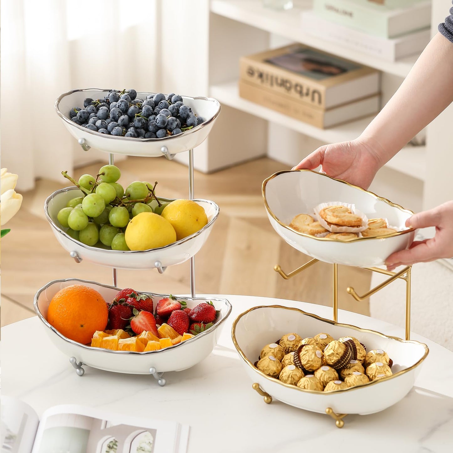 HOMKULA 2 Tier Ceramic Fruit Bowl for Kitchen Counter, Tiered Fruit Basket for Countertop, Modern Multi Layer Fruit Display Stand for Party, Cute (Silver-rimmed, Small)
