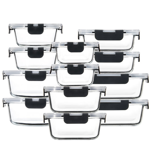FAWLES 12 Pack Glass Meal Prep Containers with Airtight Lids, Leak-Proof Food Storage Containers, Dishwasher/Microwave/Oven/Freezer Safe Glass Containers for Lunch, Leftovers, to Go (Grey)