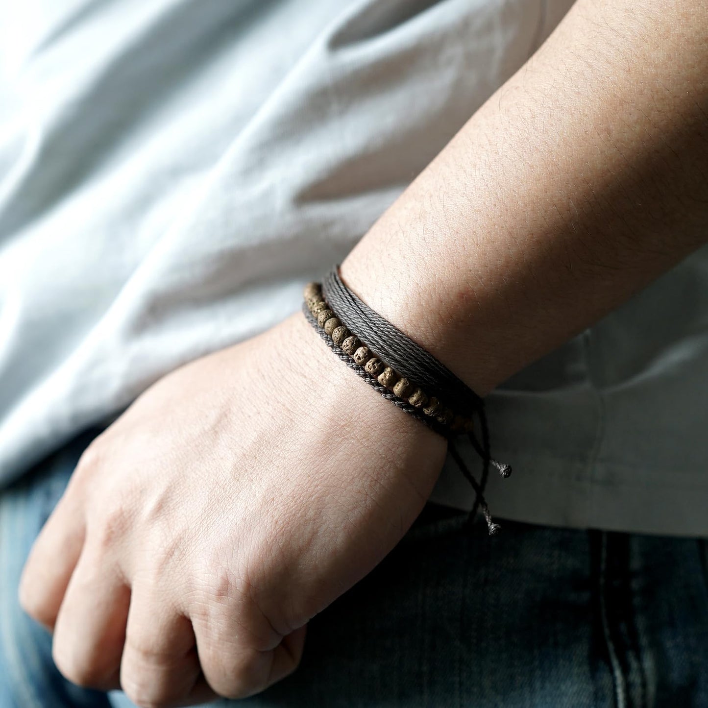 Handmade Natural Stone Beaded Healing Bracelet Gift for Men Adjustable Rope String Bracelet (Copper Lava Rock, Adjustable)