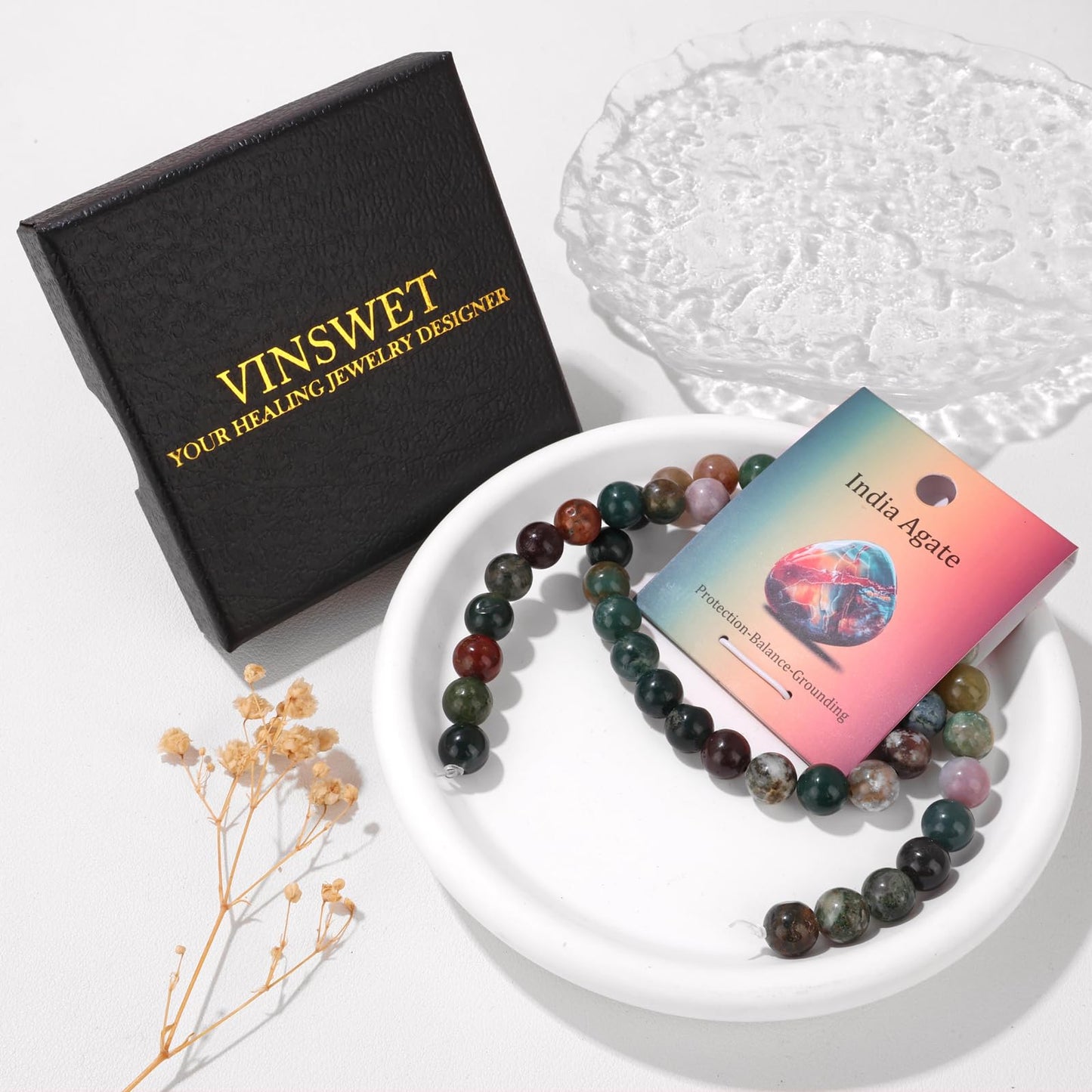 Vinswet 45pcs 8mm India Agate Natural Stone Beads Round Genuine Real Stone Beading Loose Gemstones DIY Smooth Bead for Bracelet Necklace Earrings Jewelry Making