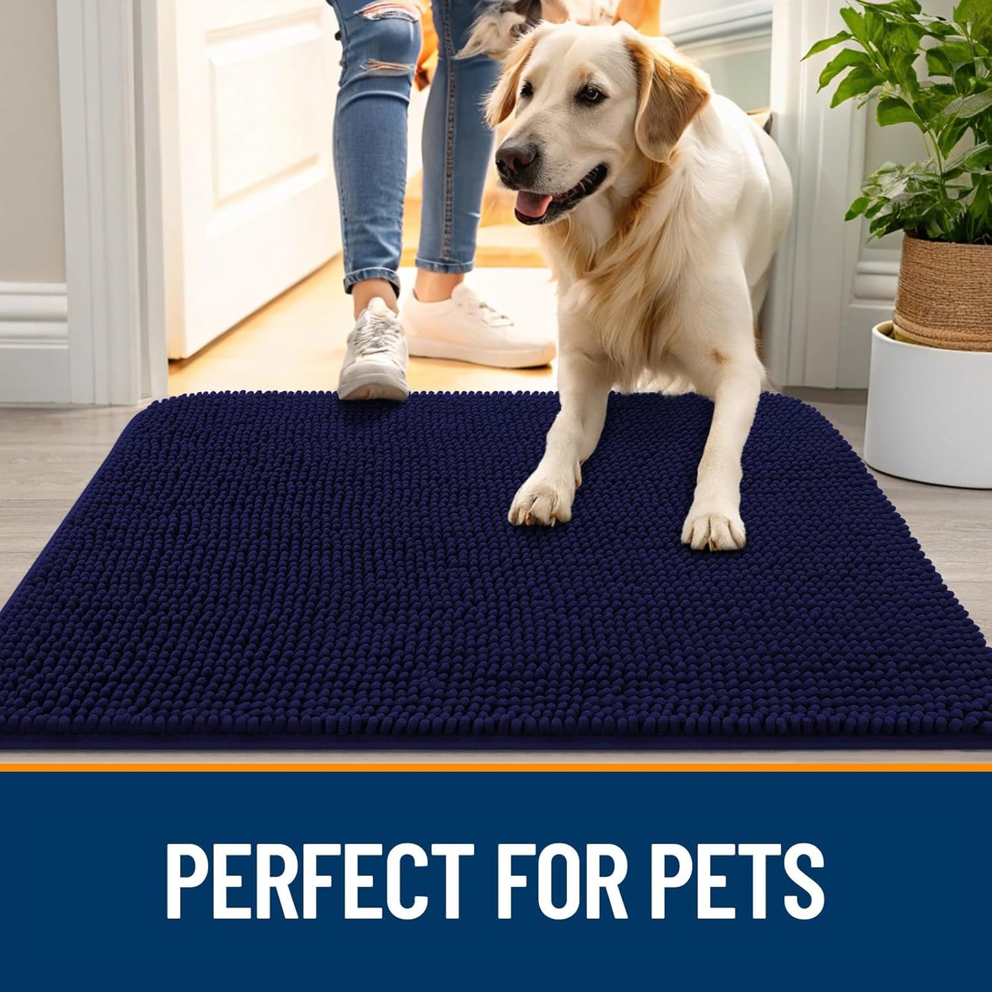 OLANLY Dog Door Mat - Absorbent Non-Slip Washable Chenille Mat for Muddy Paws | 47x17, Navy Blue